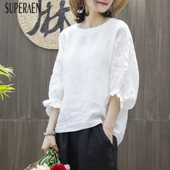 

SuperAen Cotton and Linen Shirt Women Three-quarter-Sleeve Solid Color Wild Ladies Blouses and Tops Embroidery 2020 Summer New