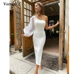 Verngo Simple White Sheath Evening Dresses One Shoulder Puff Long Sleeve Ankle Length Prom Gowns Lady Formal Party Dress