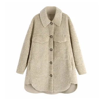 

Stylish Pockets Design Loose Fleece Women Jacket Coat Long Sleeve Side Vents Irregular Female Outerwear Chic Tops