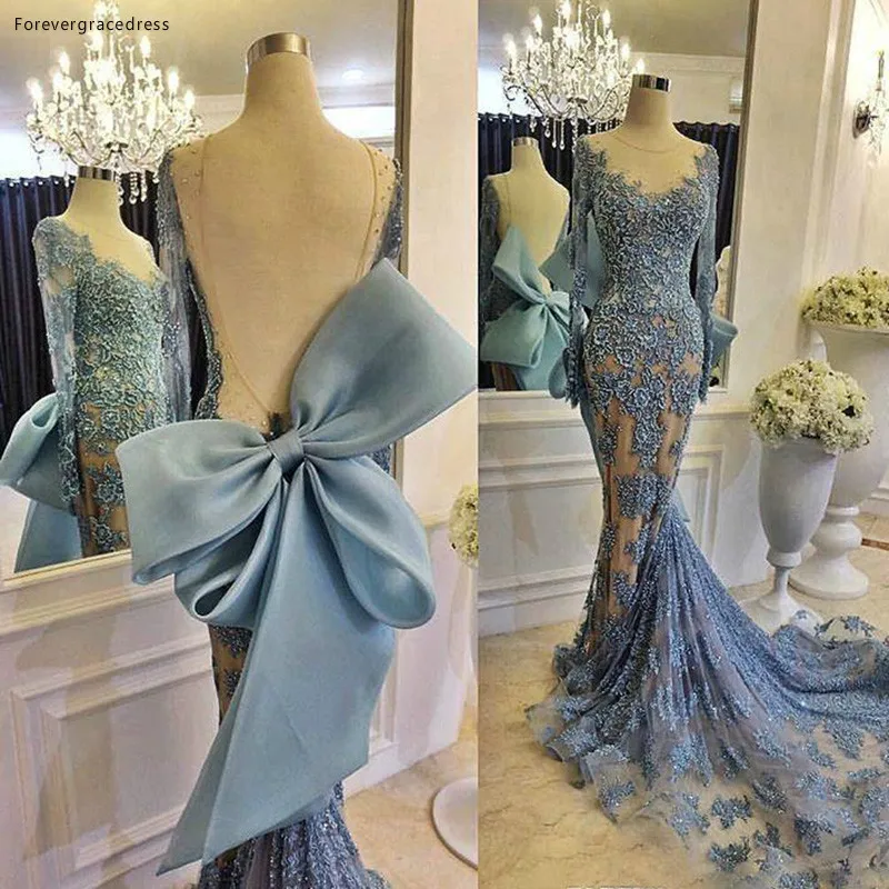 2017 Mermaid Evening Dresses Sheer Long Sleeves Lace Applique Big Bow Pageant Prom Party Gowns Custom Made  209