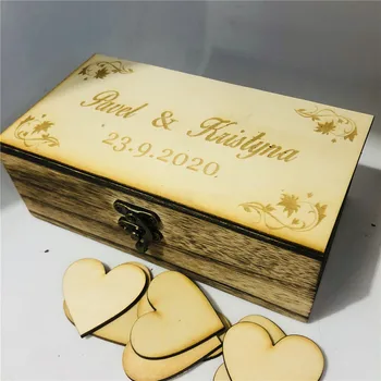 

Personalized Bride Groom Wedding Guests Wish Post Box Custom Name Couples Memory Well Wishing Wooden Box with 50pcs Hearts