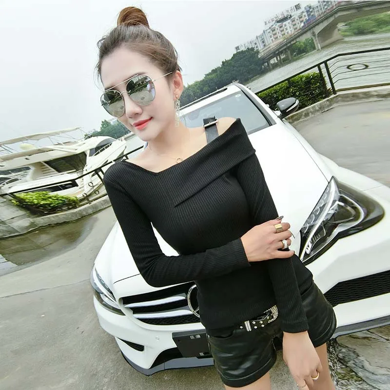 

2018 New Style off-Shoulder Long-sleeved Black Tight Tops Slimming Sweater T-shirt 821sja16