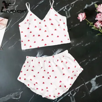 

Sexy Women Sleepwear Satin Lace Heart Print Deep V Pajamas Set Femme Sleeveless Lingerie Nightgown Babydolls Home Clothing