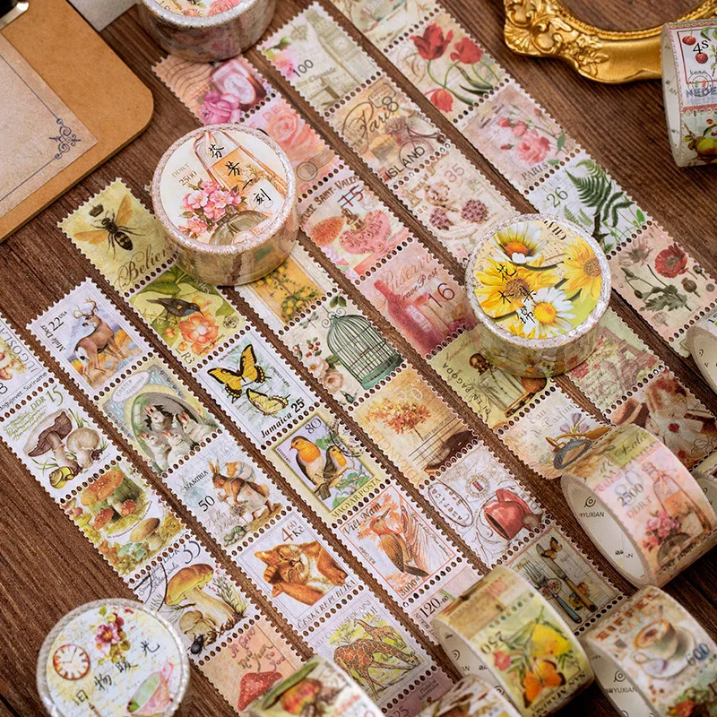 

Retro Stamp Series Washi Tape Kawaii Plant Mushroom Masking Tape Stationery DIY Diary Scrapbooking Decorative Stickers