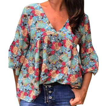 

Vintage Flare Sleeve Shirts 2020 Spring Summer Women Floral Printed Shirt And Blouses Ladies V-Neck Loose Casual Shirts