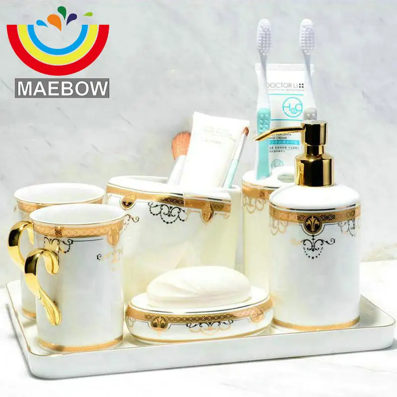 

Light Luxious Bathroom Accessories Wedding Gift Home Decoration High Quanlity Bone Chine Bathroom Set