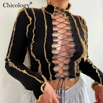 

Chicology Women Long Sleeve 2020 Fall Hollow Out T-Shirt Sexy Club Knit Crop Top Female Winter Clothes New Fashion Streetwear