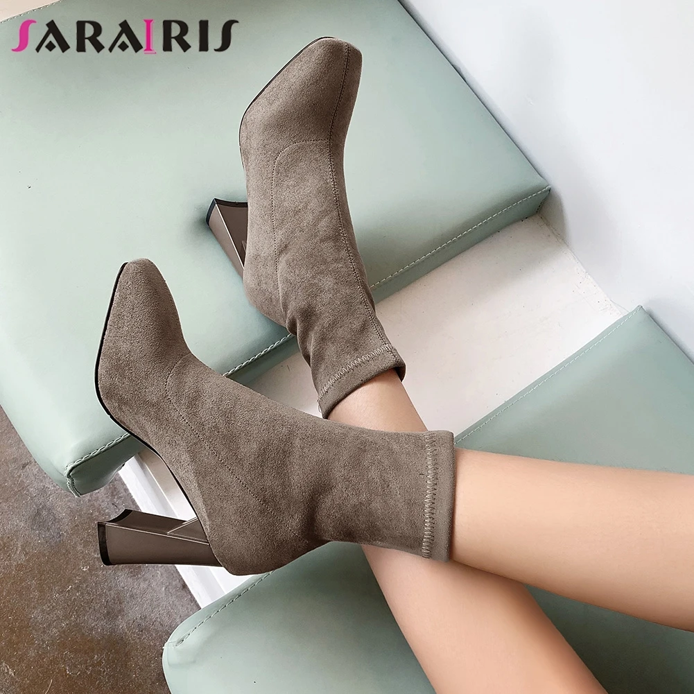 

SARAIRIS Female Fashion Square Toe Mid Calf Boots Brand Design High Hoof Heel Boots Women Elegant High Top Sock Shoes Woman