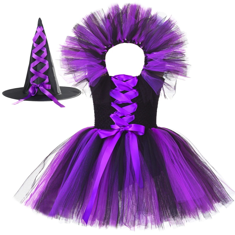 

Purple Black Girls Witch Tutu Dress with Hat Halloween Witch Cosplay Costume for Girls Kids Fancy Holiday Carnival Party Dresses