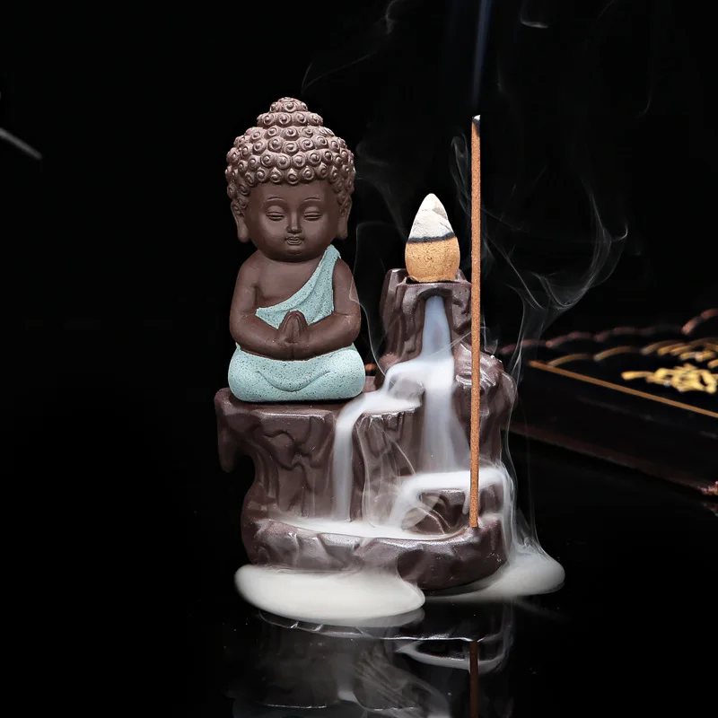 50Pcs Incense Cones+ 1Pc Burner The Little Monk Small Buddha Censer Ceramic Waterfall Backflow Incense Burner Holder Home Decor - Цвет: C
