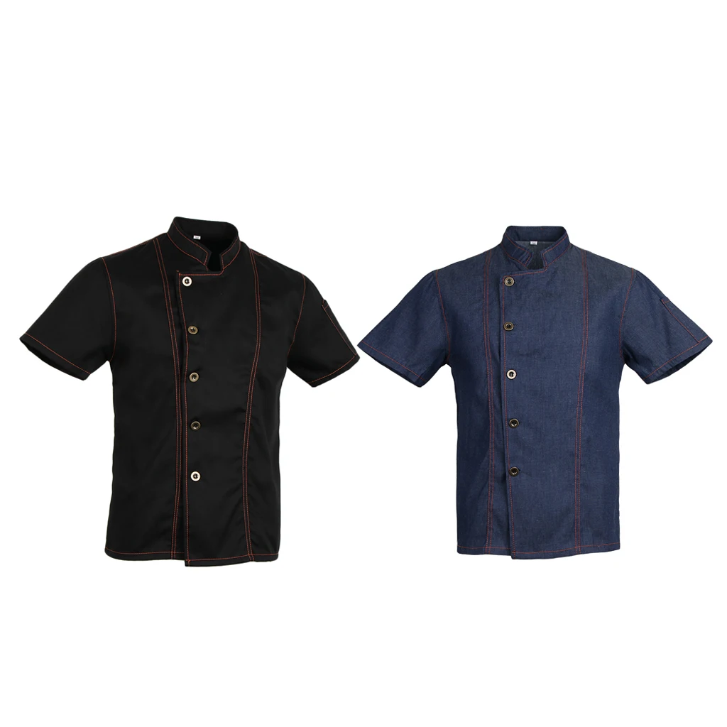 2pcs Unisex Denim Chef Jacket Coat Short Sleeves Shirts Food Service Kitchen Uniforms M