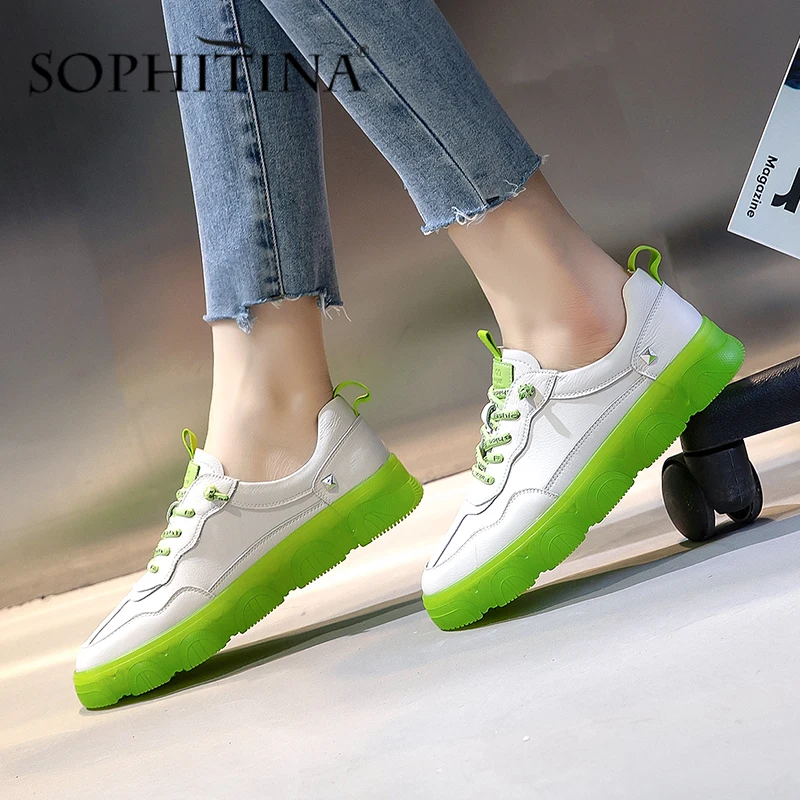 

SOPHITINA New Casual Women Flats High Quality Cow Leather Contrast Color Cross-Tied Lace-Up Stylish Shoes Fashion Sneakers PO456