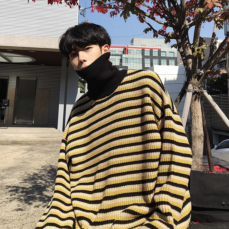 90% OFF Men's sweater 2020 new handsome wild retro warm striped turtleneck couple sweater youth personality fashion men's clothing
