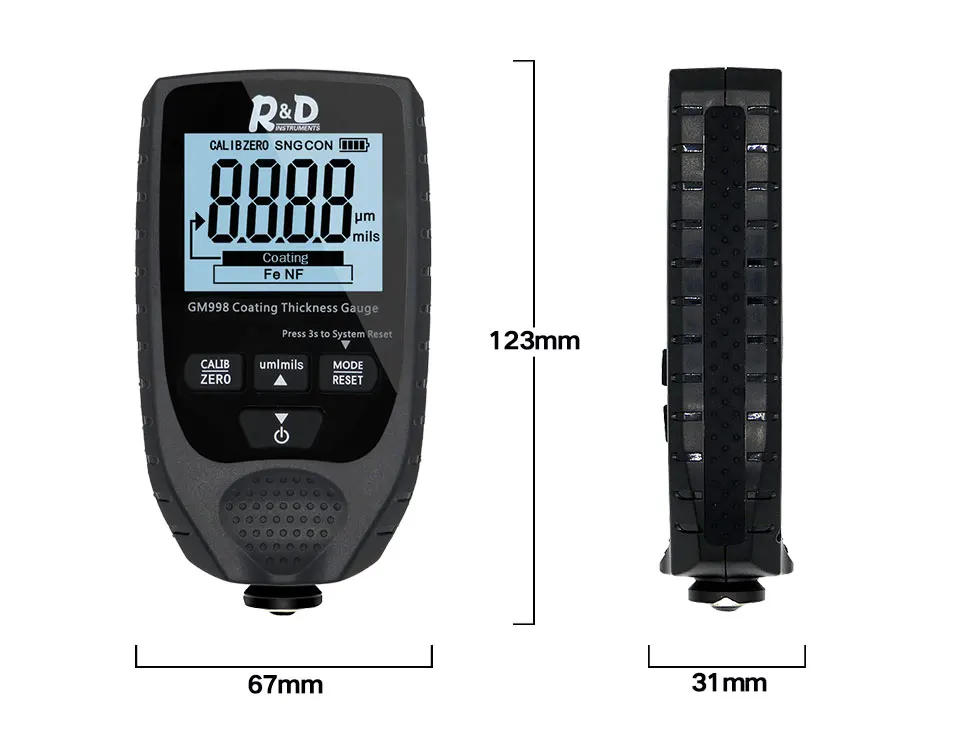 Полностью черный GM998 толщиномер покрытия краски автомобиля из металла с гальваническим покрытием толщина тестер метр 0-1500um Fe& NFe зонд