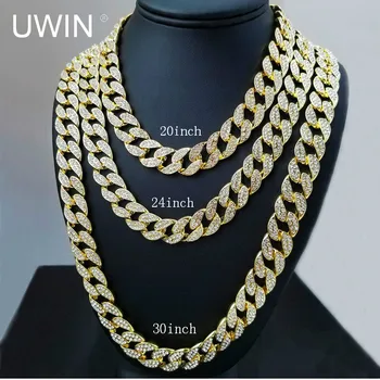 

Iced Out Bling Rhinestone Crystal Goldgen Finish Miami Cuban Link Chain Men's Hip hop Necklace Jewelry 20, 24, 30 ,36 Inch