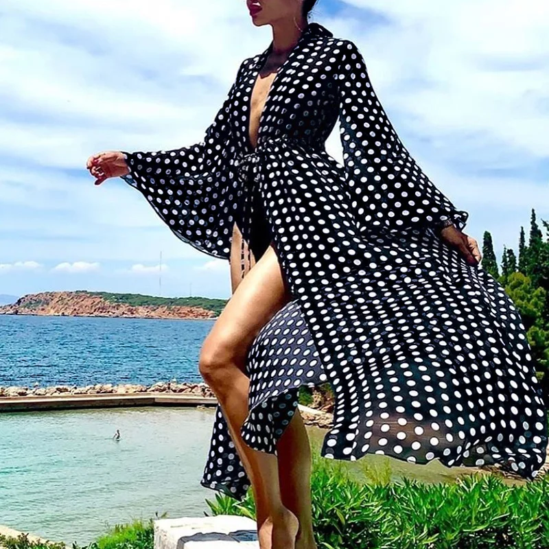 

Summer Elegant Polka Dot Beachwear Cape Kaftan Long Dress Low-cut Tunic Bathing Suit Cover Up Beach Holiday Ladies Pareo Clothes