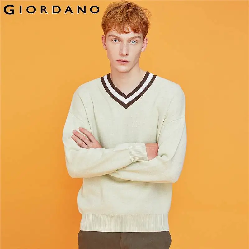 Giordano мужской вязанный свитер с v образным вырезом под шею,выполнен в трёх цветовых вариантах
