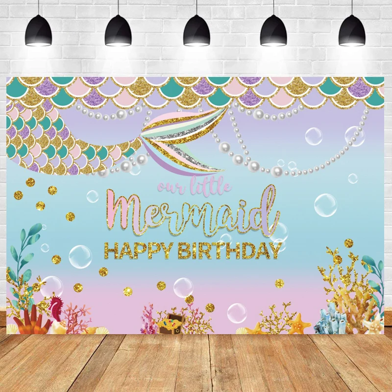 

Princess Mermaid Photography Backdrop Girls Happy Birthday Party Kids Fantasy Photo Background Banner Decoration