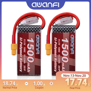 

AWANFI 1500mAh RC Battery 11.1V 3S LiPo Battery Pack with XT60 Plug for RC Models RC Car RC Boat FPV Drone Helicopter Axial