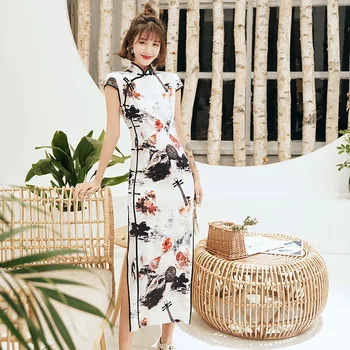 

Elegant Mandarin Collar Chinese Dress White Print Women Cheongsam High Split Sexy Rayon Qipao Vestidso Evening Party Gown