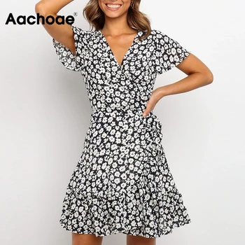 

Summer V Neck Floral Print A Line Dress Ruffles Flare Short Sleeve Beach Dress Women Fashion Wrap Mini Dresses Robe Ete Femme