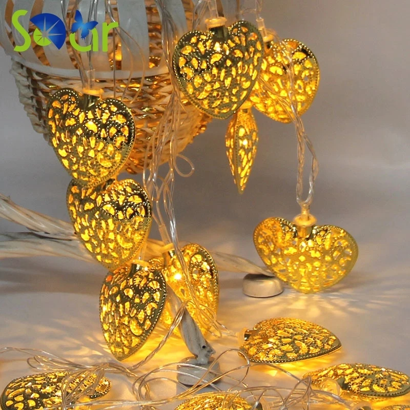 Золотая серебряная металлическая в форме сердца на батарейках 10 светодиодов