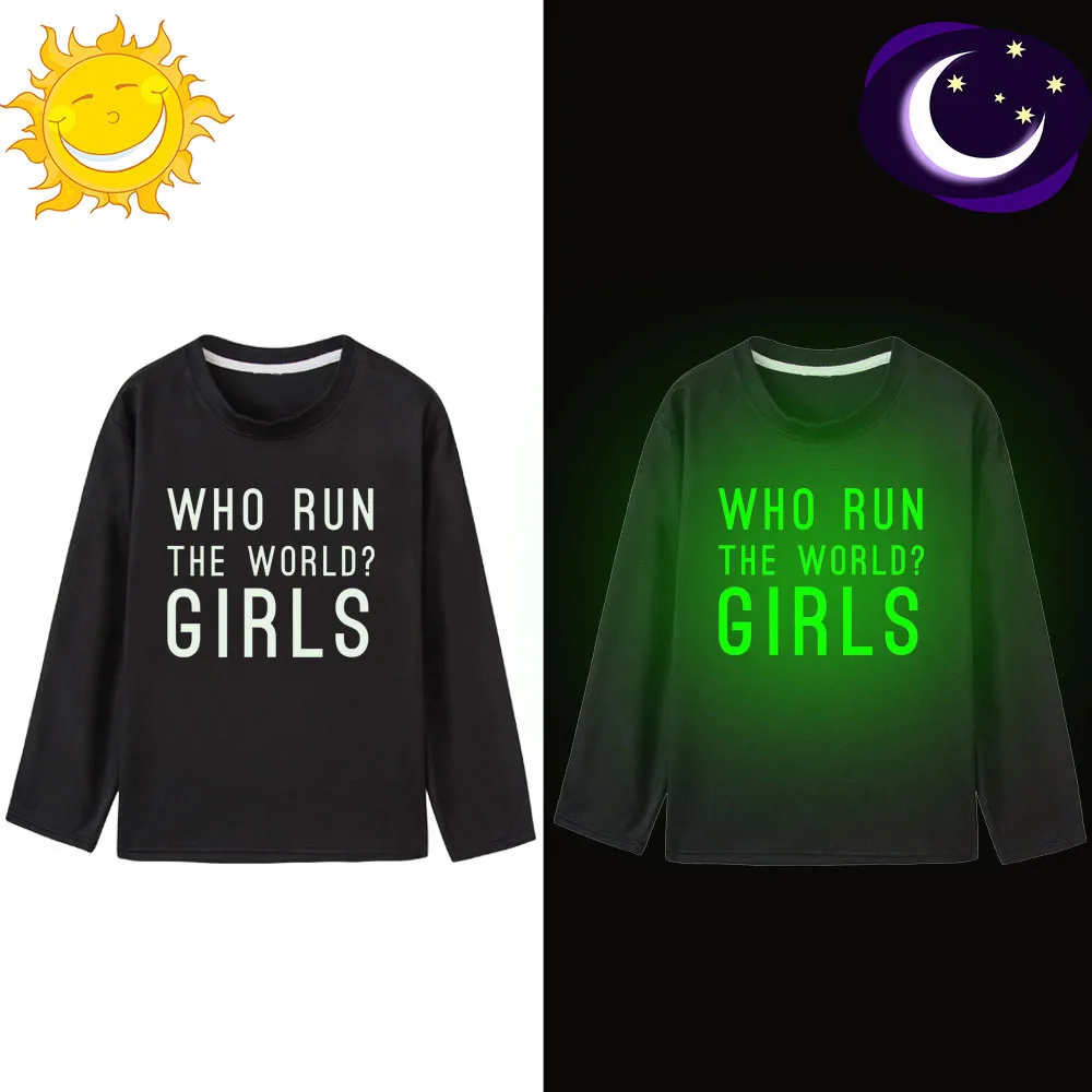 Who Run The World/футболка с длинными рукавами для мальчиков и девочек; Весенние футболки для мальчиков; детская светящаяся одежда; Повседневный Топ
