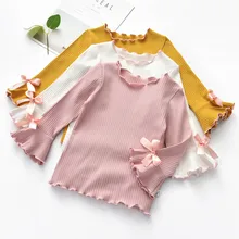 Новые рубашки для девочек на весну, осень и зиму детские топы белого и розового цвета с длинными рукавами и кружевным бантом для маленьких девочек, футболка одежда для малышей, подарки
