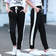 Штаны для больших мальчиков и девочек; коллекция года; сезон осень-зима; спортивные полосатые повседневные брюки для девочек-подростков начальной школы