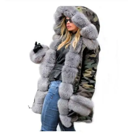 gray green Новое зимнее женское тонкое теплое кружевное пальто с длинными рукавами, длинное пальто с капюшоном, камуфляжное плюшевое хлопковое пальто - Цвет: gray green