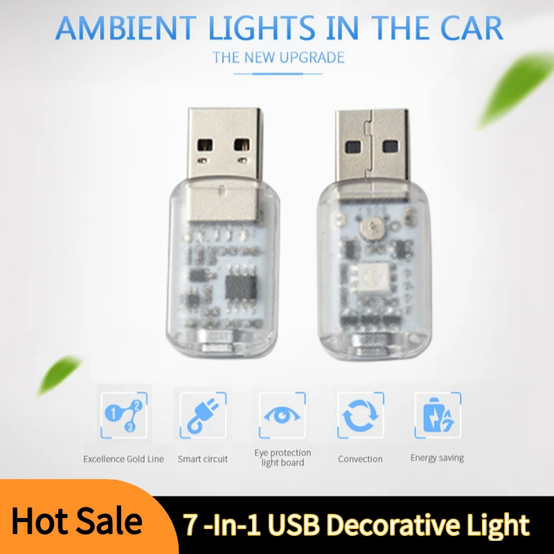 Mini 7-en-1 luz de ambiente USB tocar música de Control Mini LED luz decorativa luz ambiente de coche luz colorida de la noche en el coche