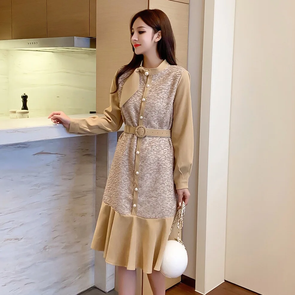 

Photo Shoot 2019 Autumn And Winter Waist Hugging Slimming Mid-length Flounced Hem Long-sleeved Dress Base Skirt 7349