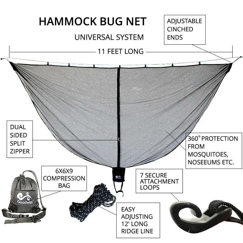 New Lightweight Hammock Bug Mosquito Net Easy Setup Outdoor Double Single Hammocks for 360 Degree Protection Dual Sided Zipper