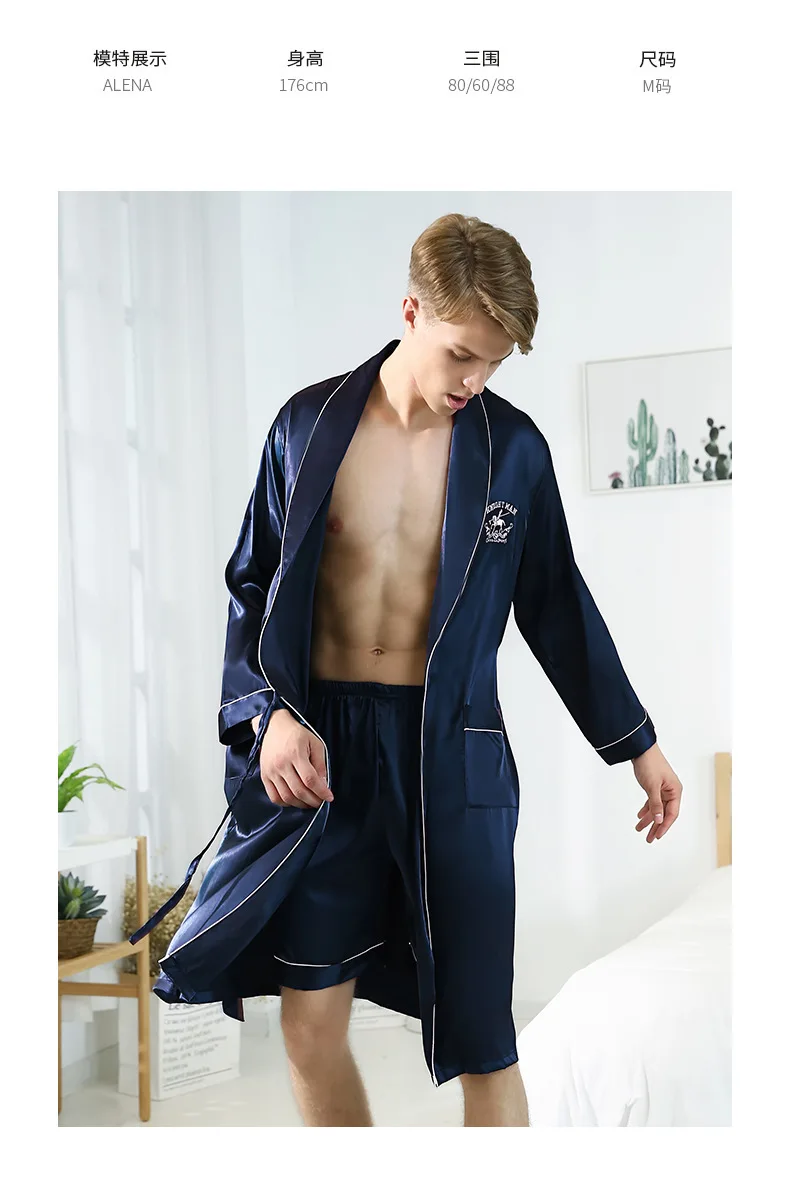 Летний шелковистый Пижамный костюм для сна Мужская рубашка брюки пижамные комплекты повседневная домашняя ночная рубашка халат из искусственного шелка банное платье L-XXL