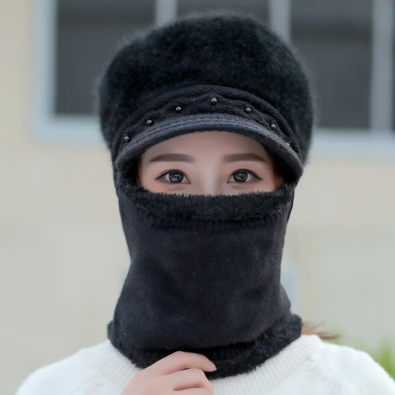 Женская зимняя мода плюс бархатная вязаная шапочка, шапка для улицы, для верховой езды, сиамский шарф, шапка, набор, для студентов, защита ушей, теплая одноцветная шапка