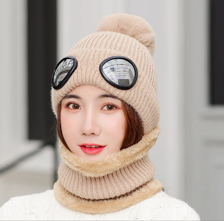Зимняя шерстяная вязаная шапка для женщин, шарф Skullies Beanies, шапки для женщин, лыжные Съемные очки, шапки Gorras Bonnet, маски, шапки