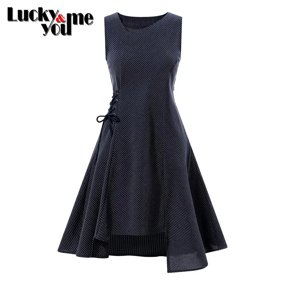 

2020 New Arrive Slap-Up Elegant Fine Workmanship Office Lady Dresses Female O-Neck A-Line Sleeveless Black Twill Striped Dresses