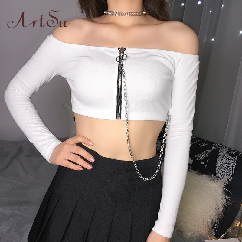 

ArtSu Slash Neck White T shirt Off the Shoulder Tops for Women Chain Long Sleeve Crop Top T-shirt Femme Basic Tshirt ASTS21118