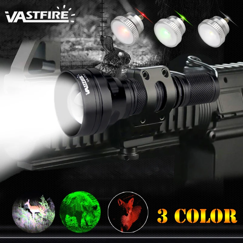 

VA-711 Zoomable 1 Mode 400 Yard 3 Light color (Green/Red/White) LED Rechargeable Tactical Hunting Flashlight For 18650 battery