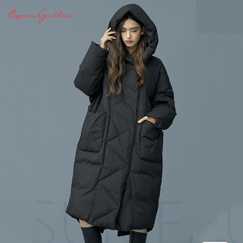Goede 2019 Winter Casual Losse Cocon Stijl Dikke Warme Uitloper Vrouwen Super Lange donsjack Grote Pock   Volledige Mouw Mode vrouwelijke Jas