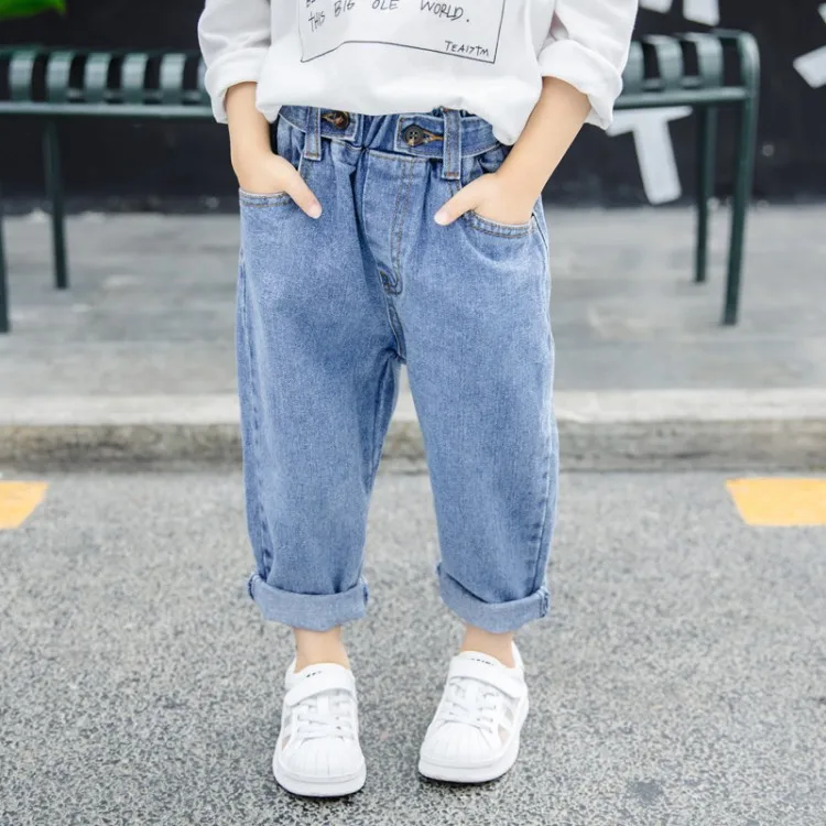 Spring And Autumn New Style Medium-small Children Two-Button Dad Pants Girls Fashion Casual Solid Color Jeans GIRL'S Trousers