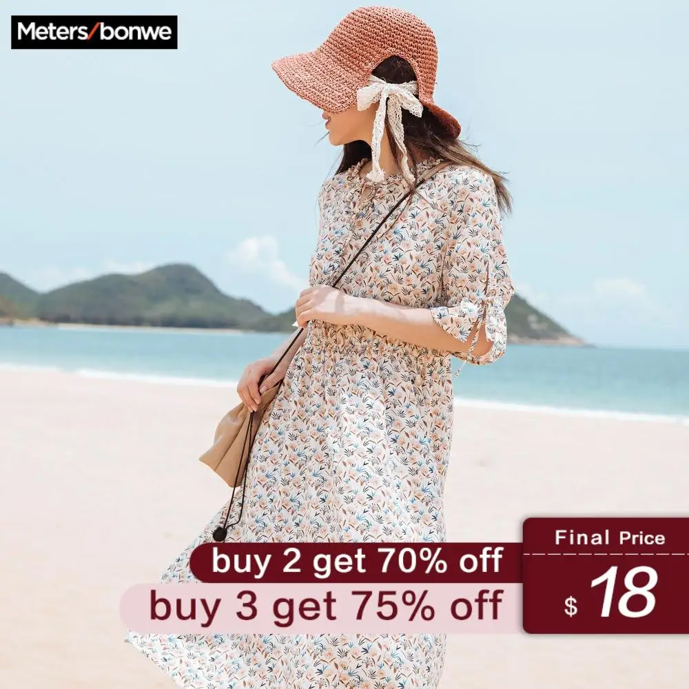 

Metersbonwe Summer Apricot Vacation Long Dress Women 2019 Short Sleeve A-Line Pleated Dress V-Neck Printing Vestidos