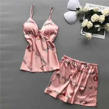 

2020 Sleep Lounge Pajama Sets Sexy Satin Sleepwear Women Summer Pyjama Fashion Letter Print Pajamas Silk Homewear 2 Piece Sets