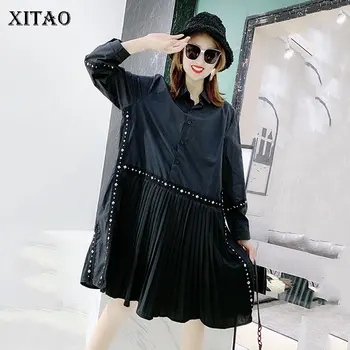 

XITAO Fashion Plus Size Splice Pleated Dresses Long Sleeve Turn down Collar Dress Women Korean Style Women Clothes 2020 XJ3914