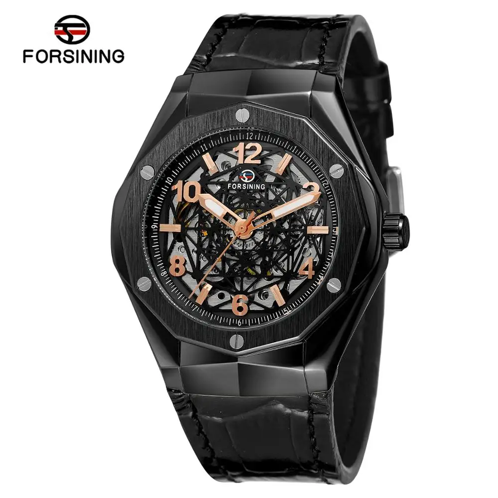 

FORSINING fashion casual men's watch black spider web hollow dial rose gold scale leather strap automatic mechanical watch