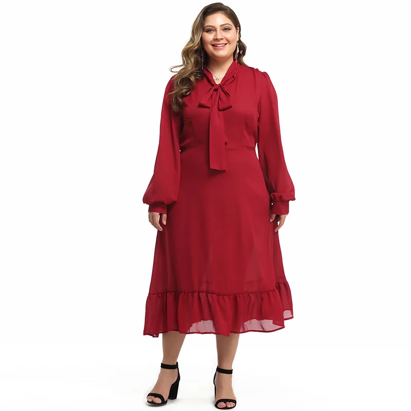 Осеннее платье женское плюс размер 5XL модное кружевное галстук-бабочка фонарь с длинным рукавом красные вечерние платья женские макси длинные платья