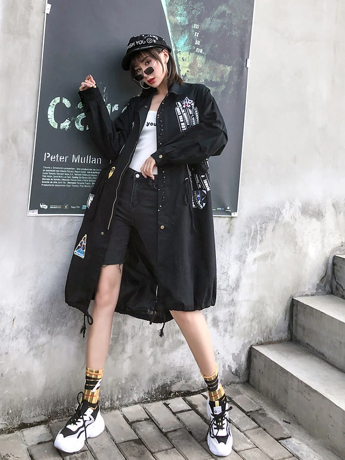 ZURICHOUSE Punk Long Coat For Women Fashion Plus Size Loose Spring Outwear Street Style Print Rivet Trench Female