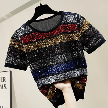 

Industrial Colored Sequins Stripes Short T-shirt Women's 2020 New Style Cool Slim Fit Short Sleeve Knitted Tee Female Tops