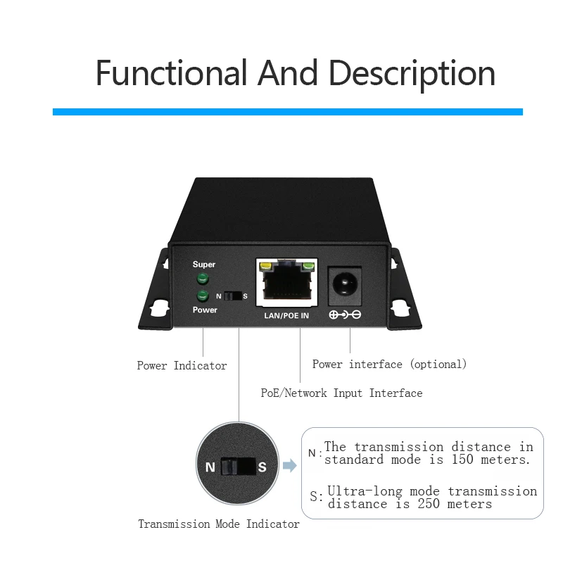 PoE сетевой коммутатор Ethernet PoE удлинитель 250 м с 1 портом 10/100 м Rj45 или вход 2 порта 10/100M Rj45 выход