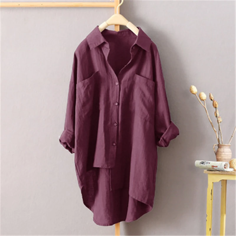 

Women Irregular Shirts Spring Autumn Long Sleeve Breathable Oversize Shirt Pocket Casual Loose Pure Color Women Blouse Tops